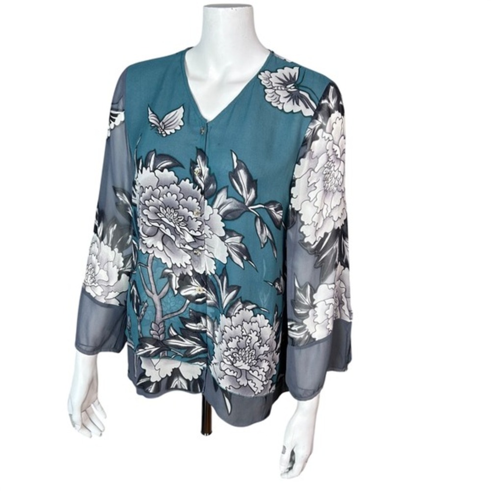 Citron Santa Monica top Medium button‎ kimono floral butterfly green sheer Asian
